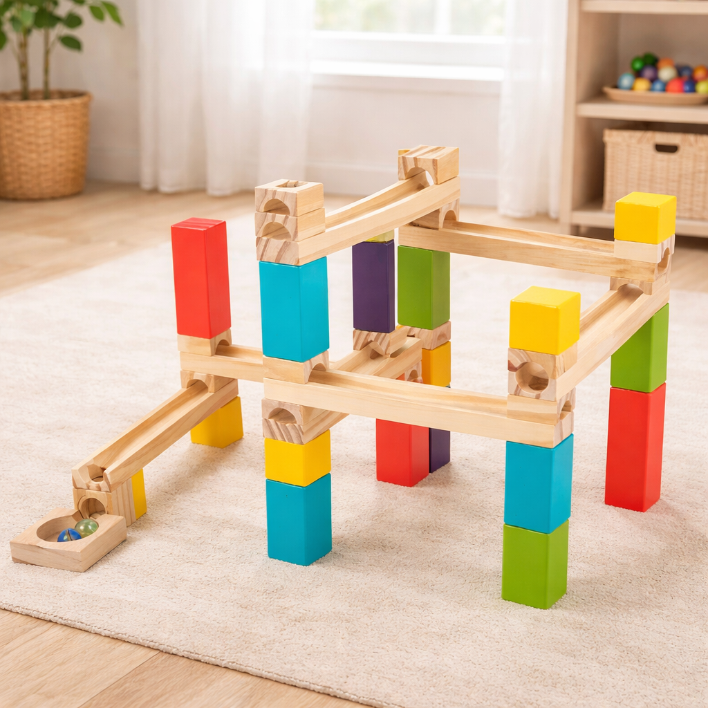 Wooden Ball Track Stack – Gravity-Fed Marble Run Building Set