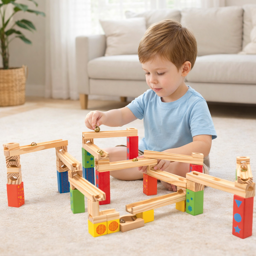 Wooden Ball Track Stack – Gravity-Fed Marble Run Building Set