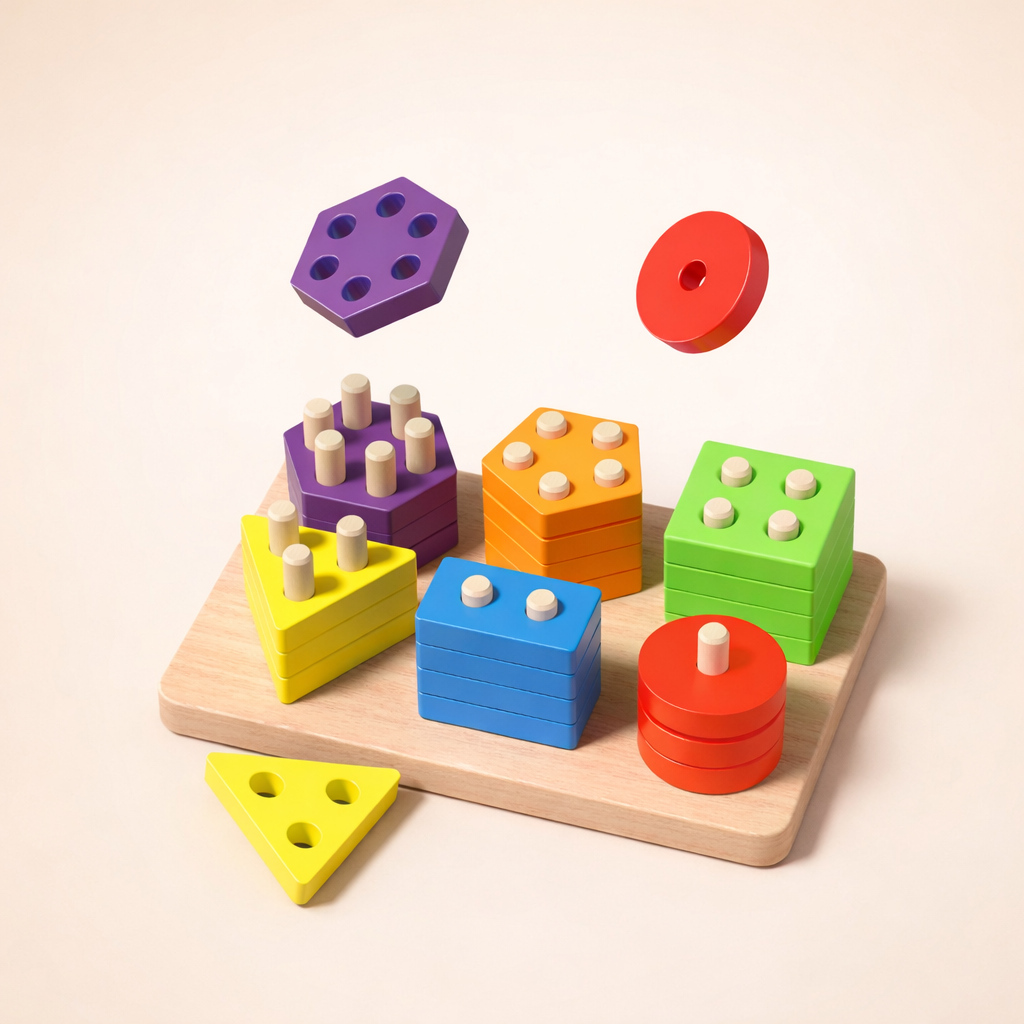 Wooden Geometric Stacking Columns – Guided Peg & Hole Matching Set