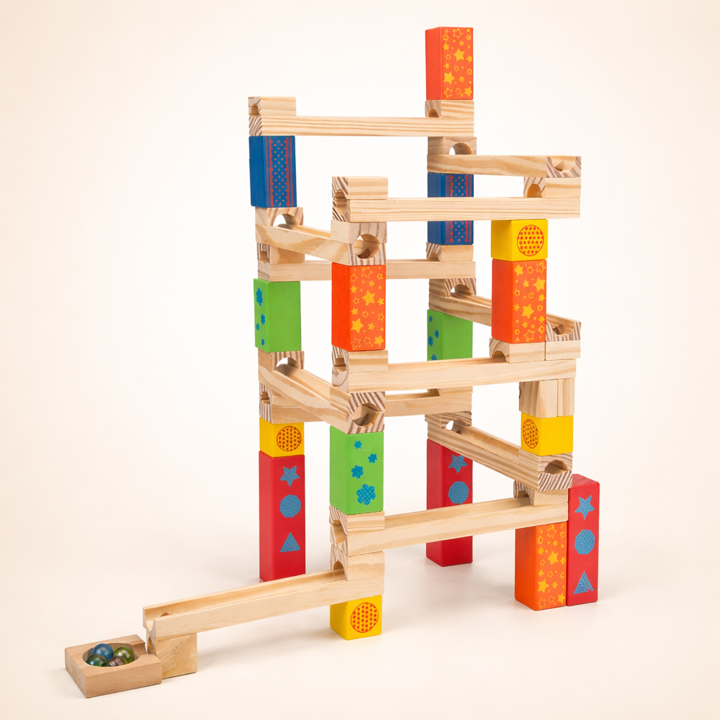 Wooden Ball Track Stack – Gravity-Fed Marble Run Building Set